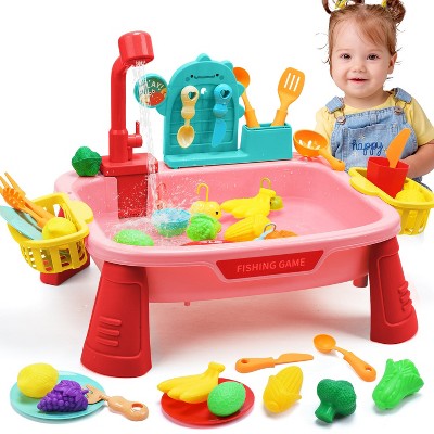 Skirfy 2-in-1 Play Sink with Running Water, Kids Play Kitchen with Accessories and Fishing Equipment, Pretend Play Electric Dishwasher Toys