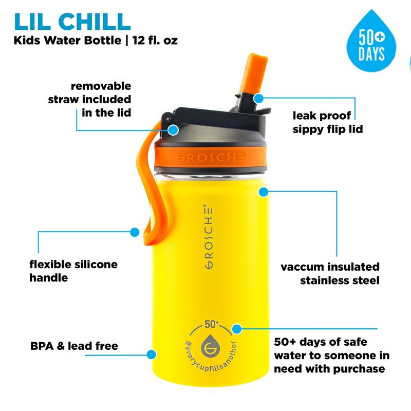 GROSCHE Lil Chill 12 oz Kids Water Bottle Insulated Water Bottle with Straw for Kids School with Straw Sip Lid, 4 of 16