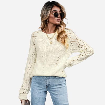 Women's Cutout Raglan Long Sleeve Sweater - Cupshe-M-White