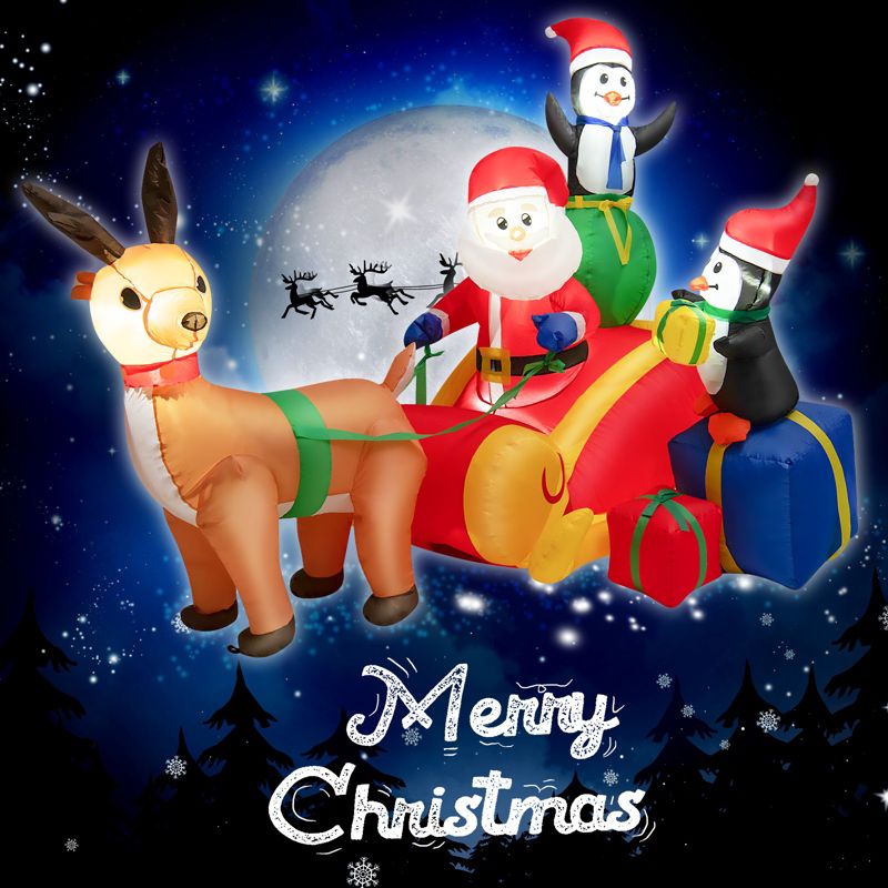 Tangkula 6FT Long Christmas Inflatable Santa Claus & Penguin on Sleigh Blow Up Reindeer Pulling Sleigh Lighted Inflatable Santa Claus Carrying Gifts, 4 of 11