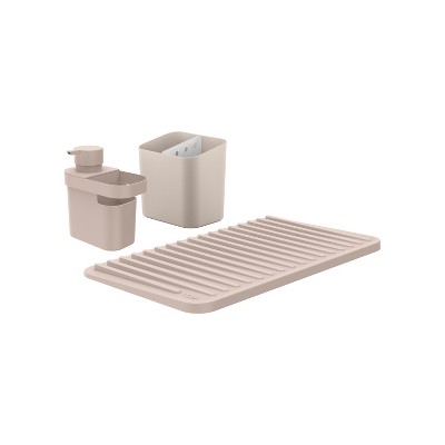 OU Kitchen Sink Organizer 3pc Set, Dish Drying Rack, Cutlery Drainer & Soap Dispenser Caddy with Sponge Holder, Countertop Dish Drainer & Strainer