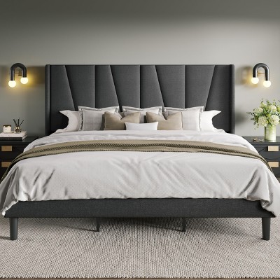 Allewie Platform Bed Frame with Geometric Wingback Headboard, Modern Upholstered Bed with Wooden Slats Support, No Box Spring Needed, Easy Assembly