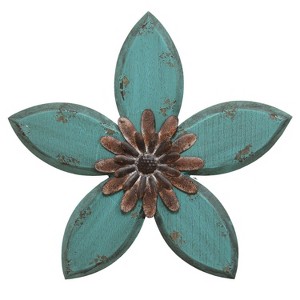 14.75" x 13.98" Antique Flower Wall Decor Red/Teal - Stratton Home Décor: Rustic Botanical Art for Home, Vertical MDF & Metal - 1 of 4