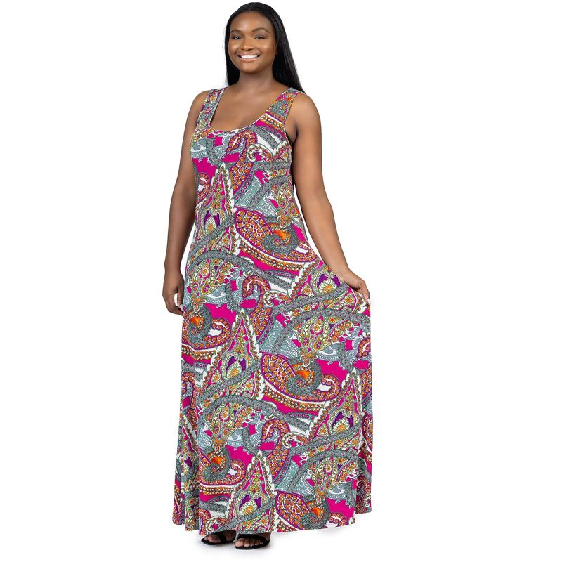24seven Comfort Apparel Plus Size Pink Paisley Print Scoop Neck A Line Sleeveless Maxi Dress, 5 of 7