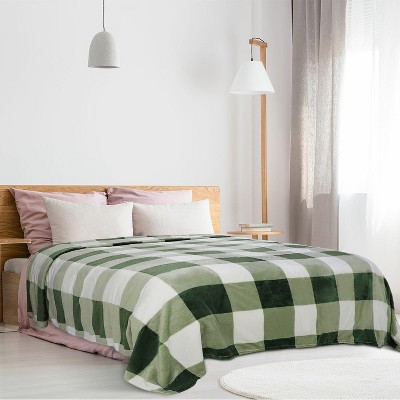 1 Pc 90x90 inches Microfiber Plush Flannel Bed Blankets Green and White - PiccoCasa