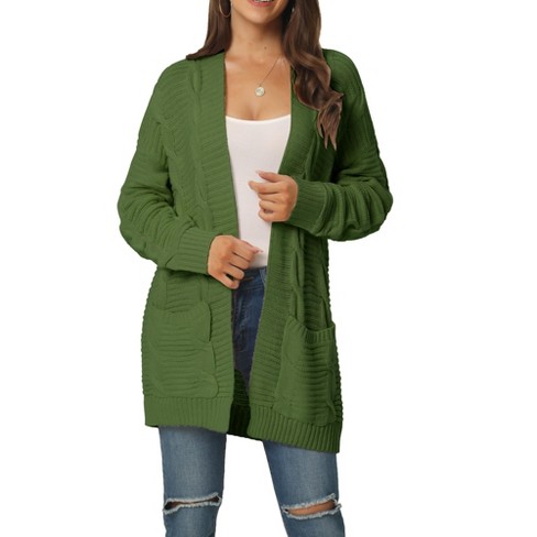 INSPIRE CHIC Women s Long Sleeve Cable Knit Open Front Fall Sweater Cardigan Coat with Pockets Army Green X Large