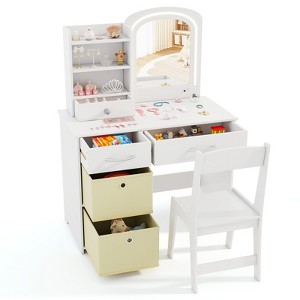 Tangkula Kids Vanity Set Princess Makeup Desk & Chair w/ Mirror & Lights Open Shelves - 1 of 4