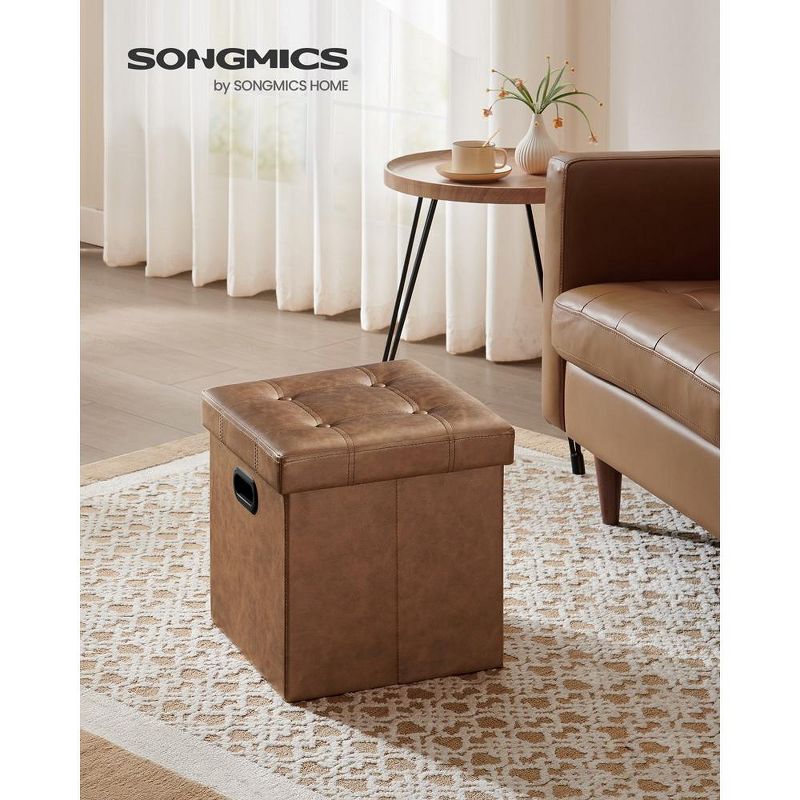 SONGMICS 15 Inches Folding Storage Ottoman, Cube Footrest, Coffee Table with Hole Handles, Faux Leather, 2 of 7
