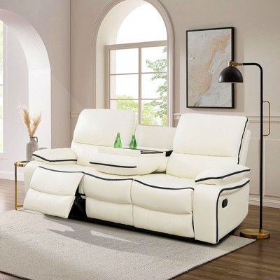 MAYEERTY Power Reclining Sofa, Electric 3-Seat Breathable Leather Recliner with Reversible Coffee Table for Living Room, White