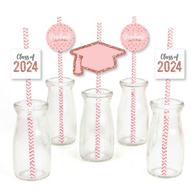 Big Dot of Happiness Rose Gold Grad - Paper Straw Decor - 2024 Graduation Party Striped Decorative Straws - Set of 24