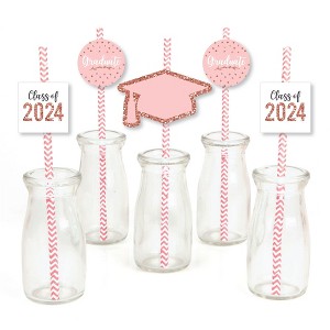 Big Dot of Happiness Rose Gold Grad - Paper Straw Decor - 2024 Graduation Party Striped Decorative Straws - Set of 24 - 1 of 4