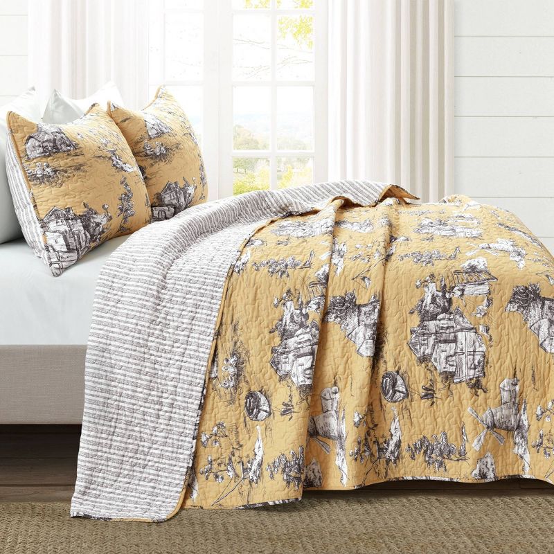 King 3pc French Country Toile Cotton Reversible Quilt Set Yellow/White - Lush D&#233;cor, 3 of 11