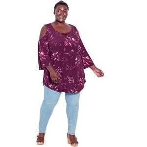 Avenue Women's Plus Size Cold Shoulder 3 Bar Print Top - 1 of 4