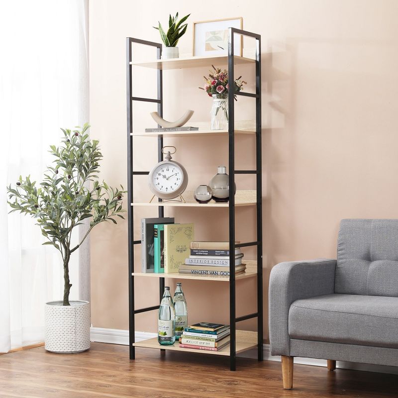 LuxenHome 5-Shelf 63" H x 23.62" W Wood and Metal Etagere Bookcase Brown, 3 of 11