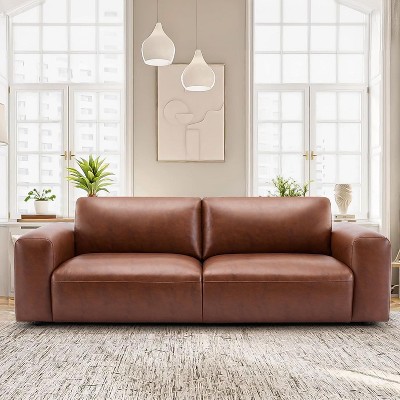 95 Oversized PU Leather Sofa, Deep Seat 3-Seater with Down Fill, Wide Arms, Modern Couch for Living Room or Apartment - Auburn