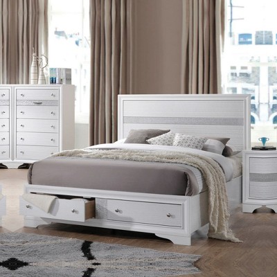 Naima White Queen Storage Bed with Wood Headboard and 2 Drawers