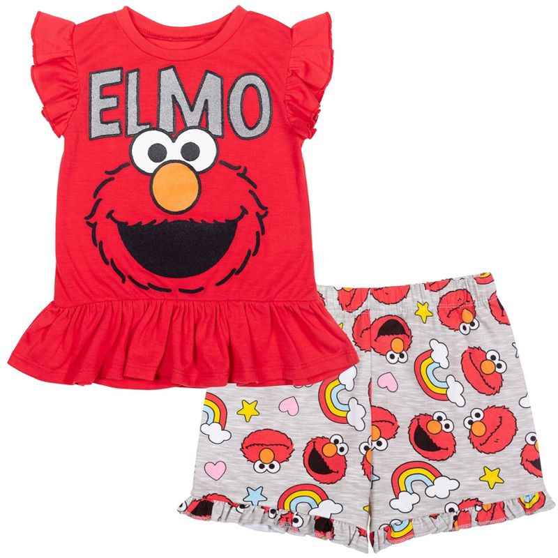 Sesame Street Elmo Baby Girls T-Shirt and French Terry Shorts Outfit Set Infant, 1 of 8