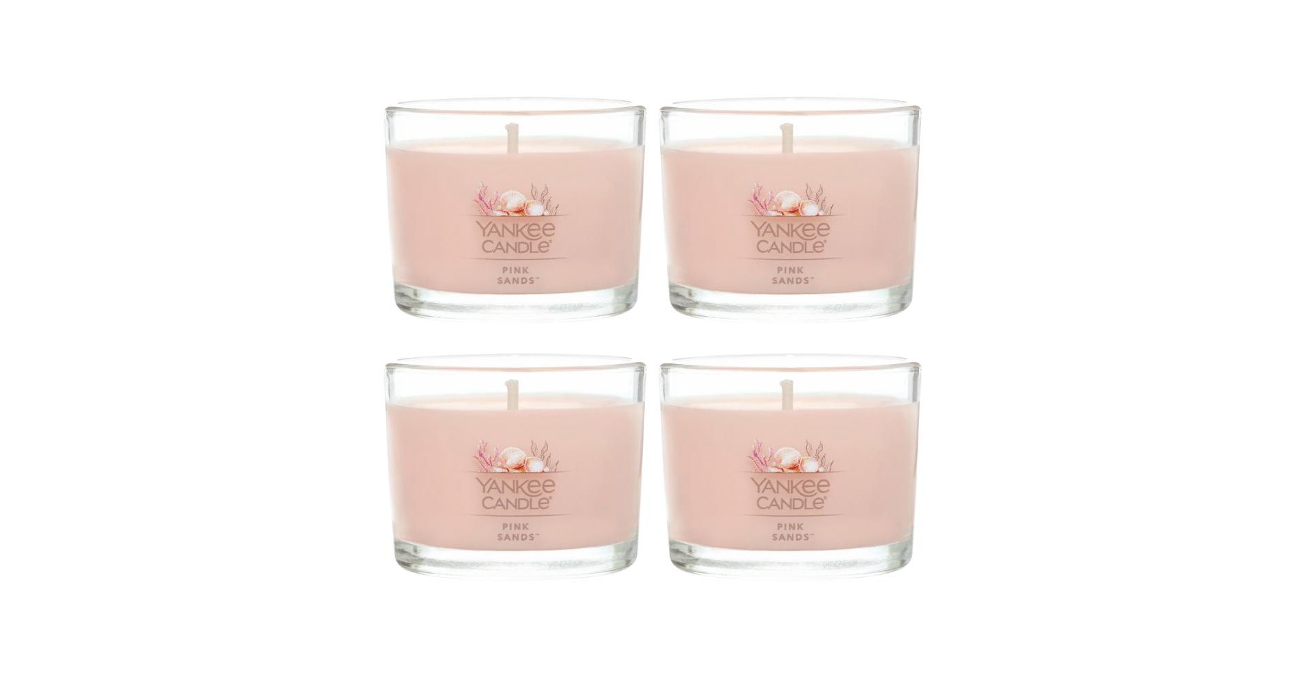 Yankee Candle Signature Votive Mini Candle Jar  Pink Sands Scent  Natural Soy Wax Blend Candle with Natural Fiber Wick  1.3oz Glass  Jar  4-Pack