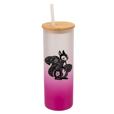 Elanze Designs Charming Floral Squirrel Pink Frosted Gradient Glass Tumbler with Bamboo Lid & Straw 25 ounce Reusable Iced Coffee or Water Cup,