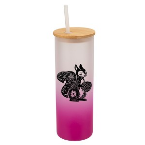 Elanze Designs Charming Floral Squirrel Pink Frosted Gradient Glass Tumbler with Bamboo Lid & Straw 25 ounce Reusable Iced Coffee or Water Cup, - 1 of 4