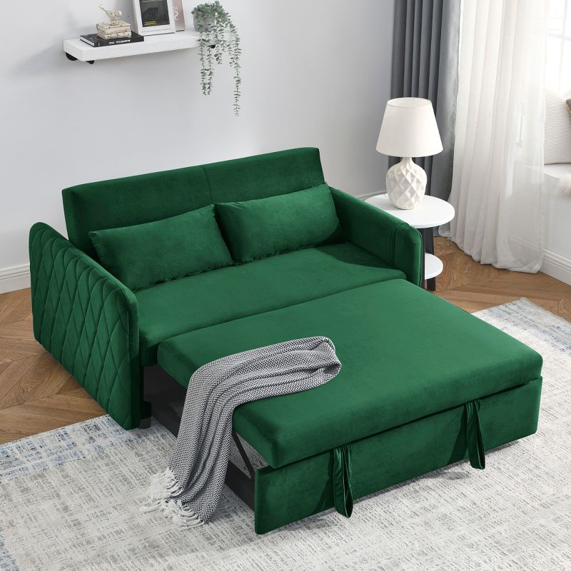 55" Pull Out Sleeper Sofa Bed, Velvet Upholstered Loveseat Sofa with Adjustable Backrest and Pillows-ModernLuxe, 2 of 11