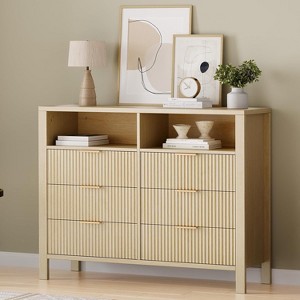 Fluted 6 Drawer Dresser for Bedroom, 47.2" Wide Wood Chest of Drawers with 2 Open Shelves, Modern Bedroom Dresser for Closet, Living Room, Entryway - 1 of 4