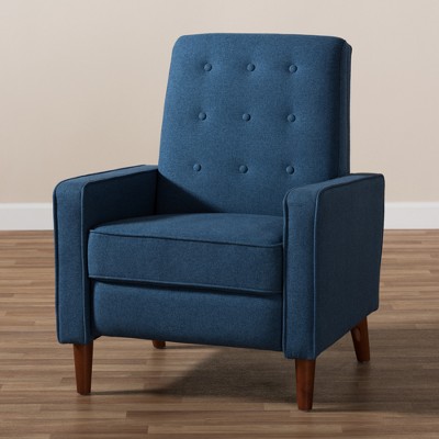Mid-Century Modern Blue Fabric and Walnut Wood Recliner