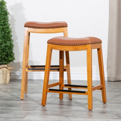 FURNIinspire Counter And Bar Stools Armless Upholstered Faux Leather Barstools, Bar Chair Without Backrest, Wood Color, 17"*20.25"*26"