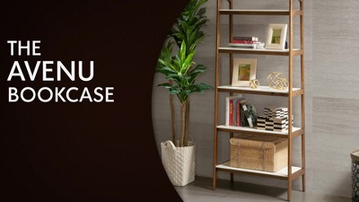 Mid-Century Pecan and Off-White Solid Wood Ladder Bookcase