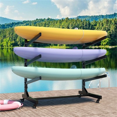 SKRAN 41"H Freestanding Kayak Storage Rack – Holds 3 Kayaks, Heavy-Duty Adjustable Stand with Lockable Wheels for Kayak, Canoe, SUP & Surfboard
