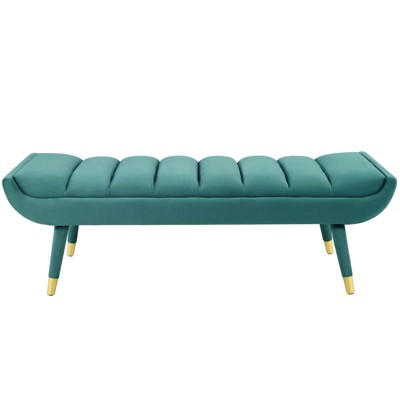 Teal Velvet Channel Tufted Accent Bench with Gold Legs