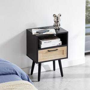 KTMBDW 15.75" Rattan Nightstand, Boho Side Table with Power Outlet & USB Ports, Cane Accent Bedside End Table with Drawer Open Shelf for Bedroom - 1 of 4
