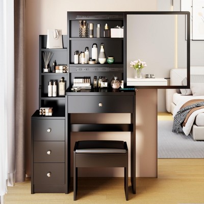 CAVINAS USB Power Supply Vanity Desk with Lights Modern Vanity Table Large Storage Vanity Desk with Mirror and Lights for Bedroom