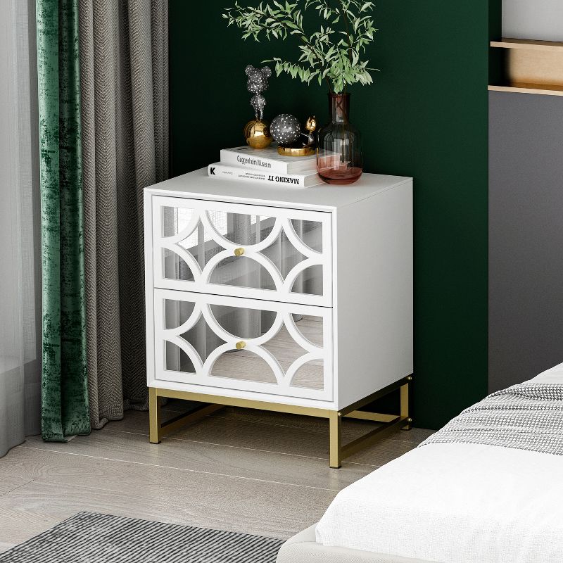 Averina 2 Drawers 45° Splicing White  Mirror Front  Nightstand With Storage - The Pop Maison, 2 of 10