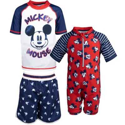 Disney Mickey Mouse Toddler Boys 3 Piece Swimsuit Set: Sunsuit Swim Rash Guard Swim Trunks Blue/Red/White 2T