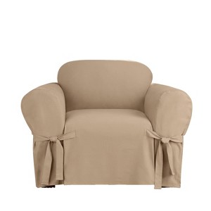 Heavy Weight Cotton Canvas Chair Slipcover Khaki - Sure Fit: Box Cushion Compatible, Indoor Use, Front Armrest Ties - 1 of 3