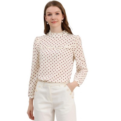 Allegra K Women's Vintage Ruffle Stand Collar Long Sleeves Polka Dots Blouse