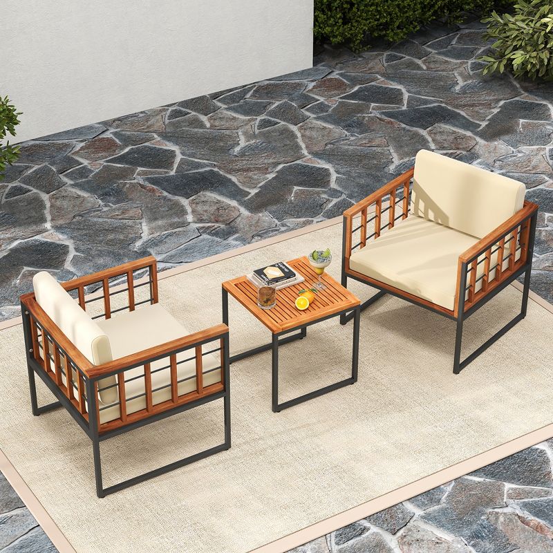 Tangkula 3 Pieces Patio Furniture Set Acacia Wood Bistro Conversation Set w/ 2 Cushioned Chairs Beige, 3 of 10