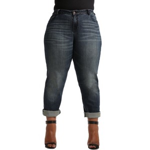 Poetic Justice Women's Curvy Fit Blue Bleach Spots Boyfriend Jeans - 1 of 4