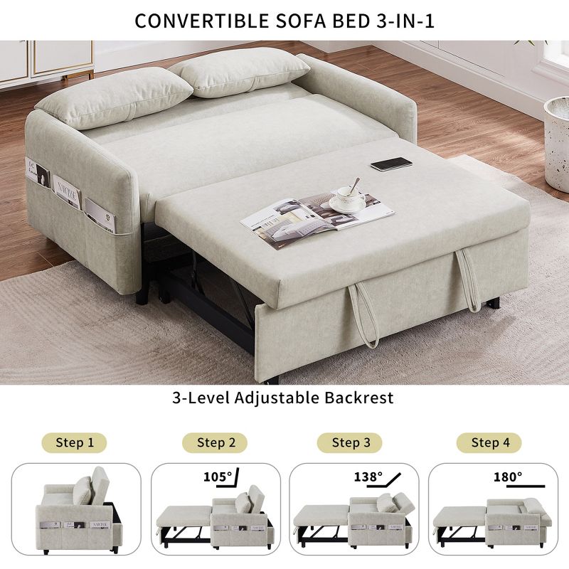 55.1" Pull Out Sleep Sofa Bed, Loveseats Sofa Couch with Adjsutable Backrest, Storage Pockets and Pillows-ModernLuxe, 4 of 16