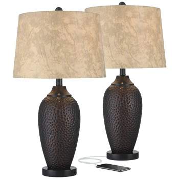 Franklin Iron Works Kaly Rustic Industrial Table Lamps 25" High Set of 2 Hammered Oiled Bronze with USB Charging Port Faux Leather Drum Shade for Desk