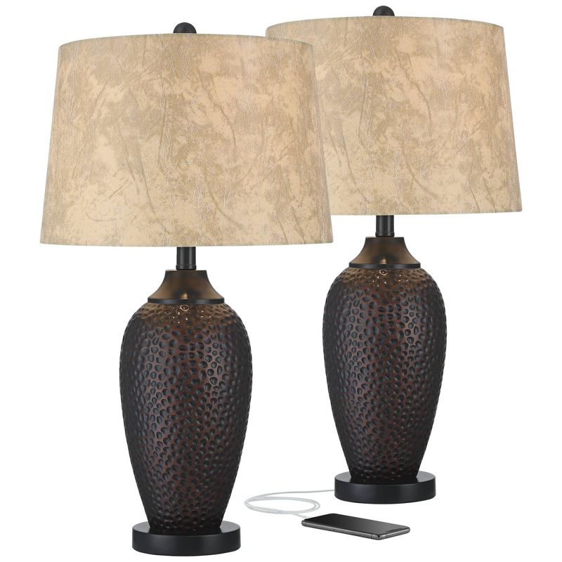 Franklin Iron Works Kaly Rustic Industrial Table Lamps 25" High Set of 2 Hammered Oiled Bronze with USB Charging Port Faux Leather Drum Shade for Desk, 1 of 8