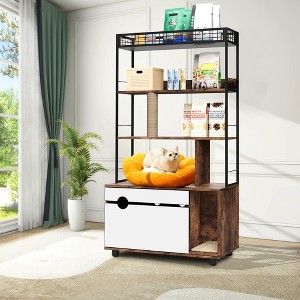 Cat Litter Box Enclosure with 4-Tier Storage Rack - Durable Vintage Brown Wood - 1 of 4