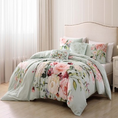 Queen Misty Green Cotton Reversible Floral Comforter Set