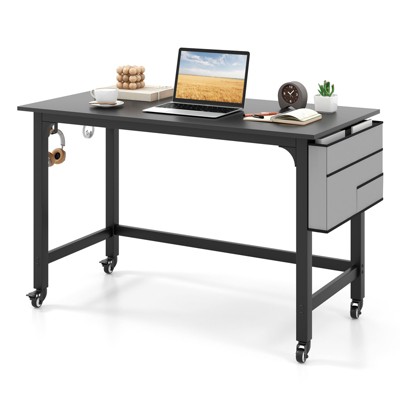 Tangkula 48” Rolling Computer Desk Mobile Study Writing Desk with Metal Frame Movable Home Office Desk Natural/Black