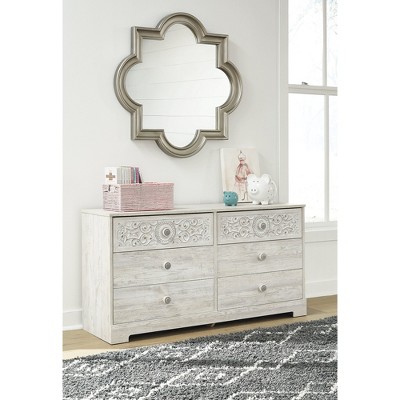 Whitewash Bohemian 6-Drawer Dresser with Medallion Pulls