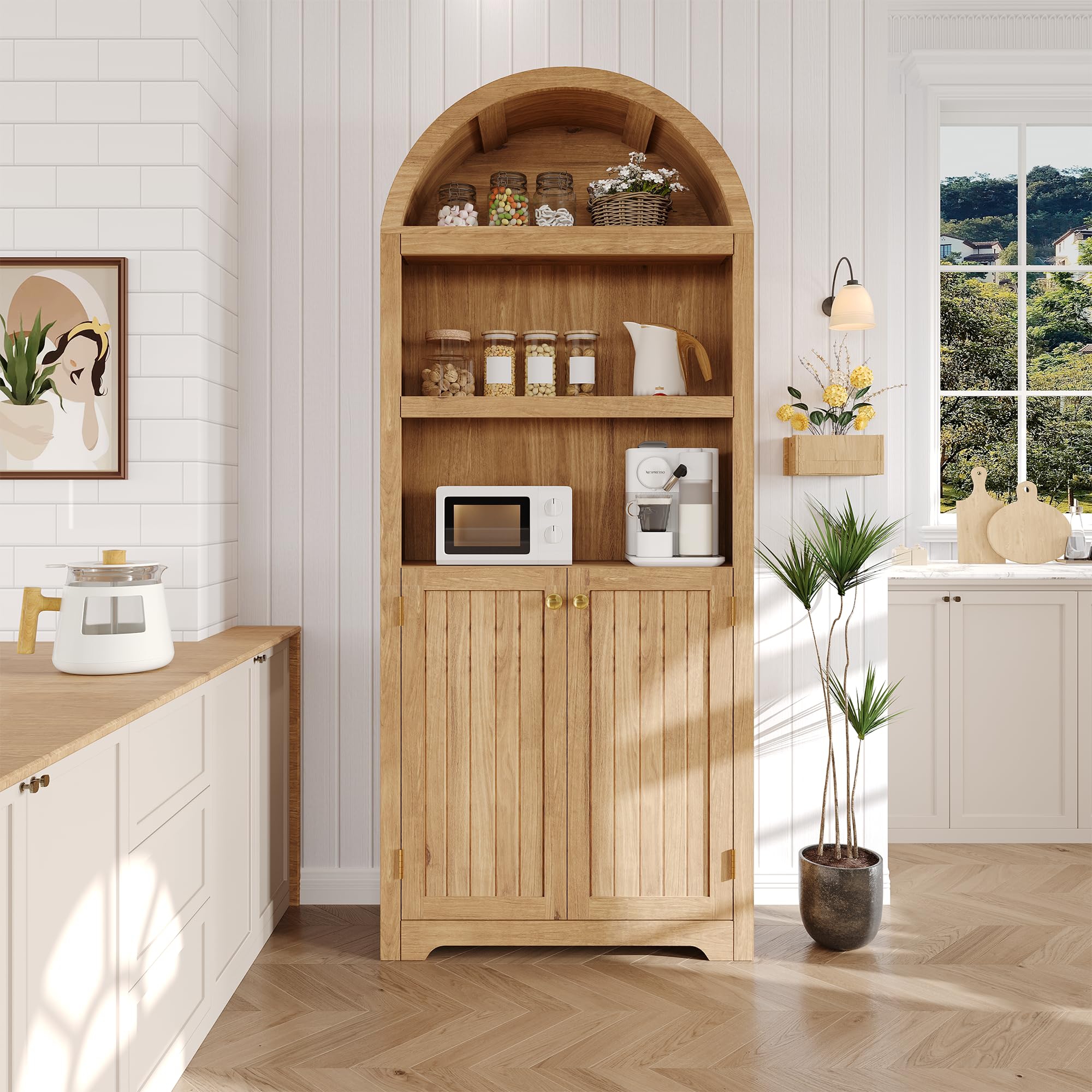 72'' Tall Arched Cabinet, 5 Tier Arched Bookshelf with Double Doors & Adjustable Shelf, Wooden Bookcase with Storage for Living Room, Bedroom, Study