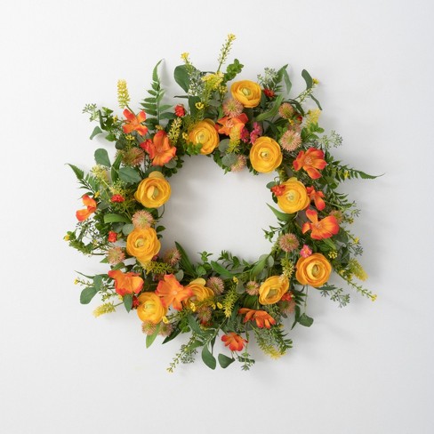 Sullivans Artificial Blooming Ranunculus Wreath 20H Orange Flowers