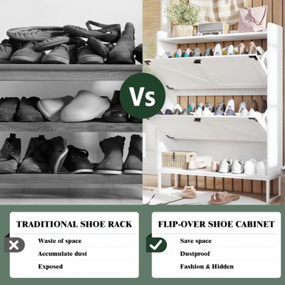 Vynxaria Shoe Cabinet with 2 Flip Drawers - Freestanding Organizer for Entryway, Narrow Farmhouse Design with Open Storage, White with Metal Legs