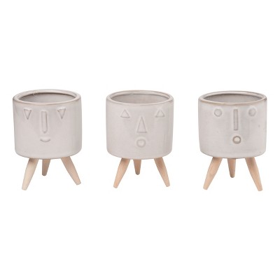 Transpac Ceramic 4" White Spring Funny Face Planters with Stands Set of 3